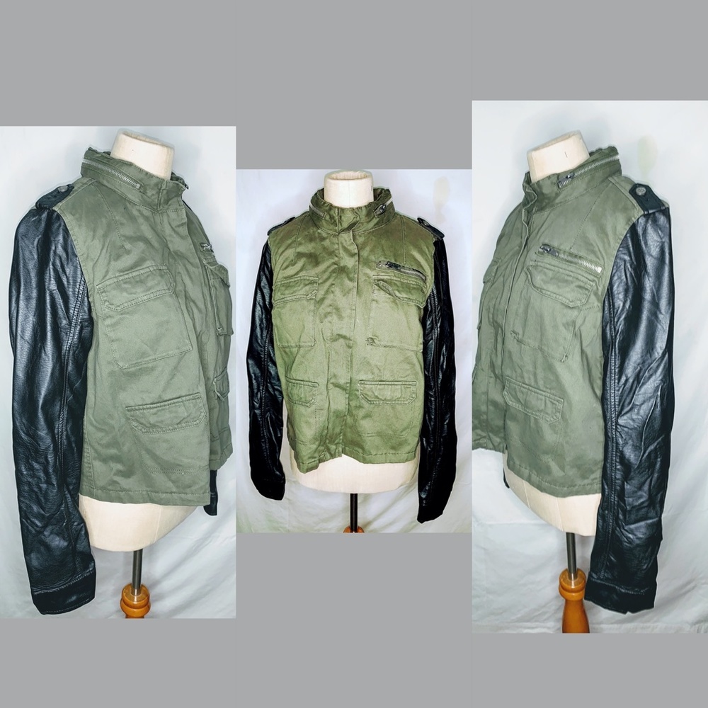 Army Green Vegan Leather Sleeve Hooded Jacket